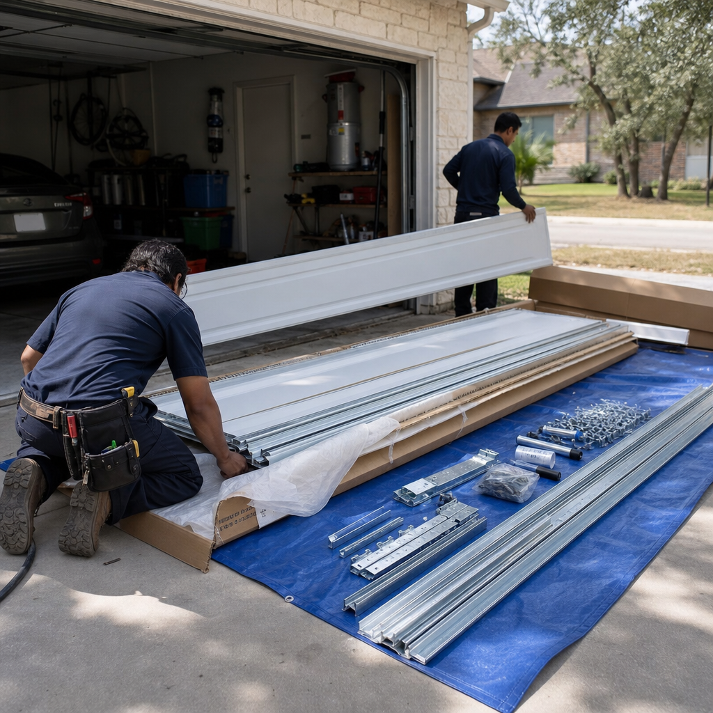 Professionals installing a new garage door with parts laid out.