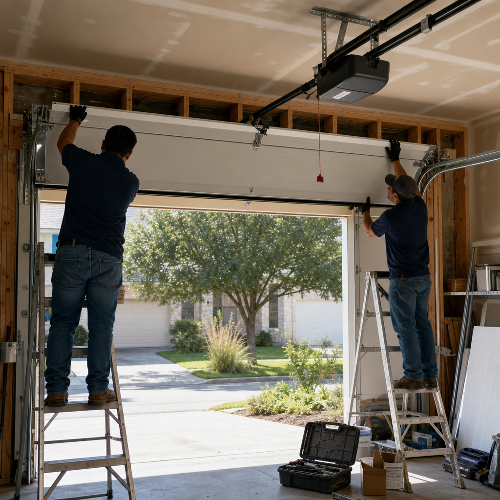 Technicians installing a garage door panel and opener track