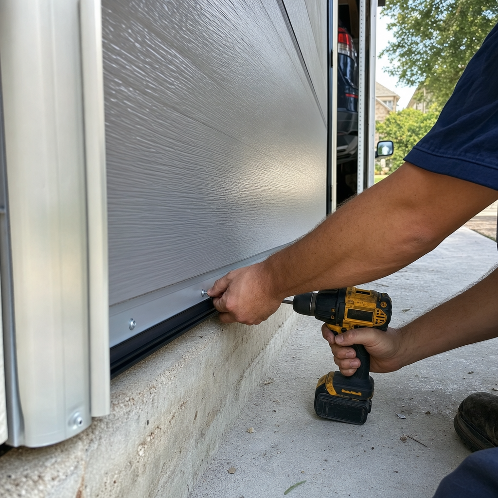 Technician installs garage door bottom seal with drill
