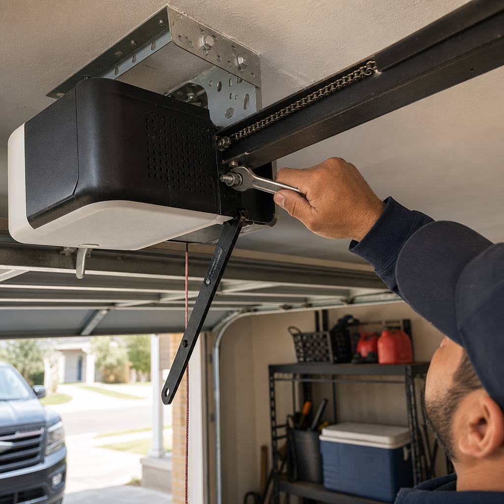 Technician adjusts garage door opener mechanism