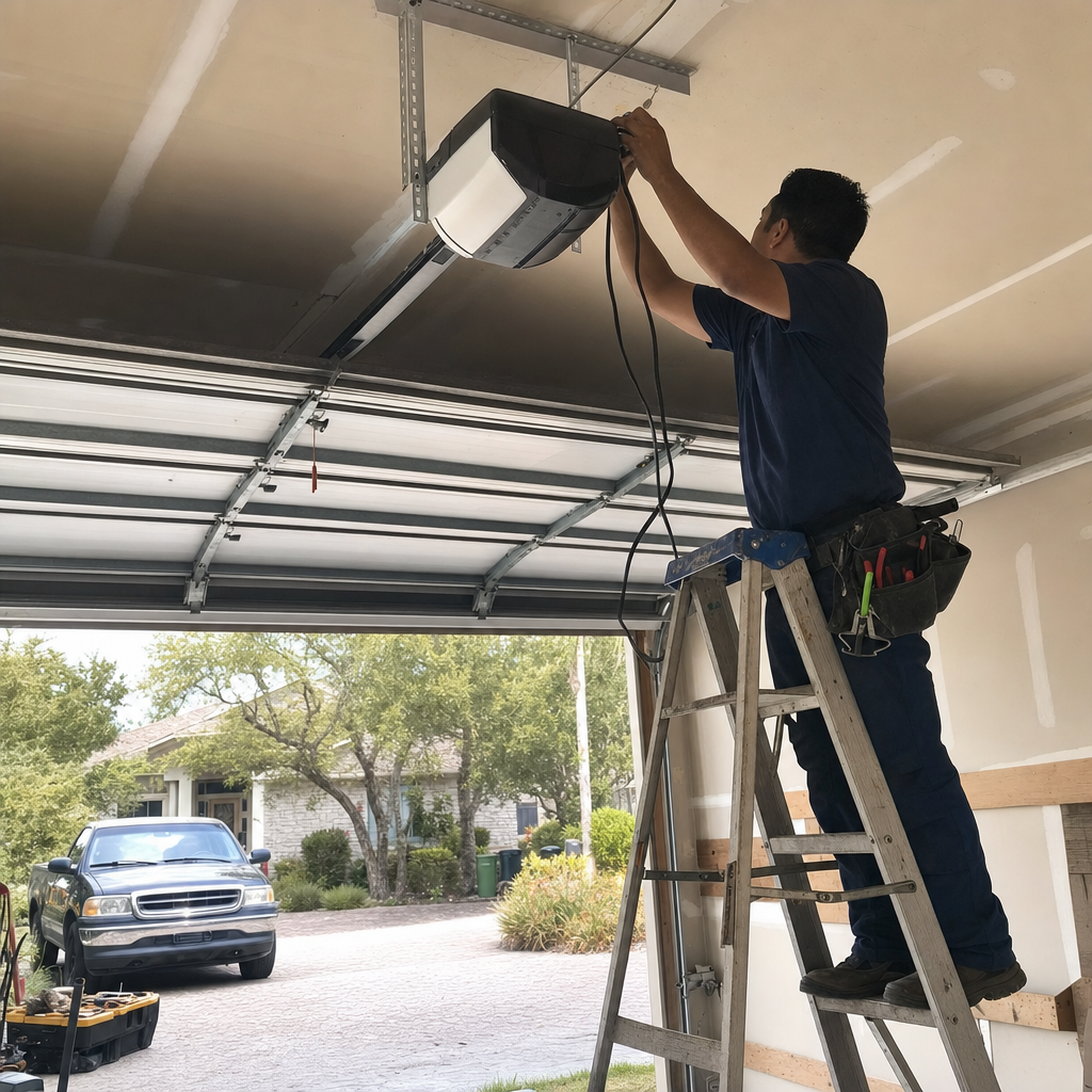 Technician installing garage door opener on ladder
