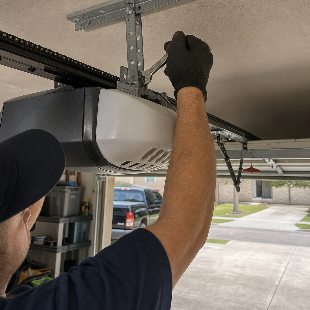 Professional adjusting a garage door opener mechanism