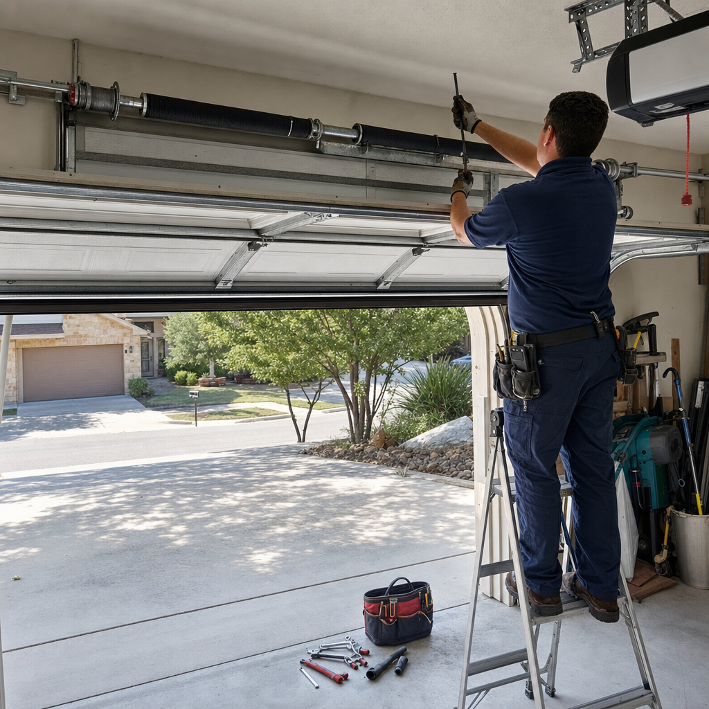 Garage door repair technician working on spring mechanism