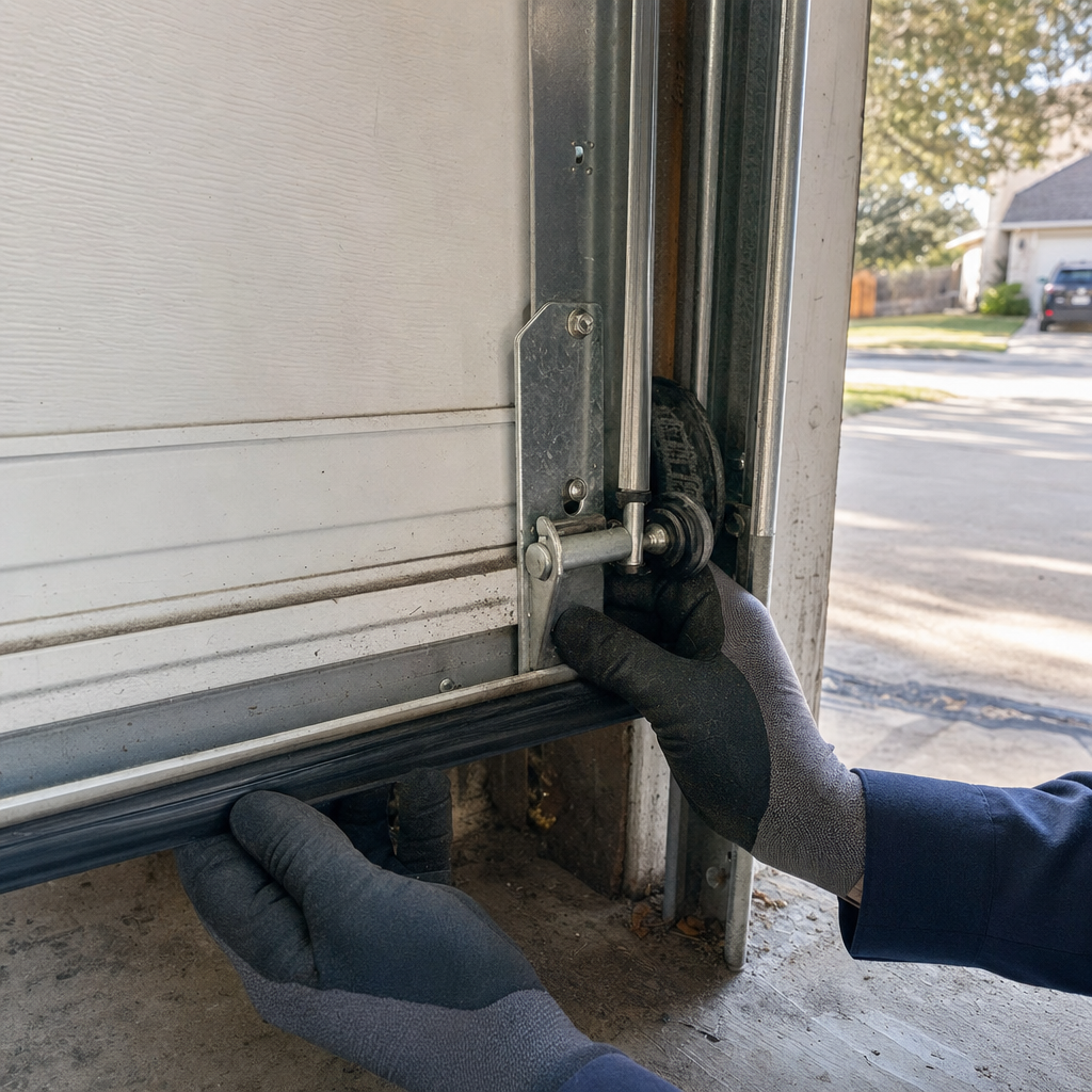 Garage door roller adjustment by a professional technician. in Jollyville, TX