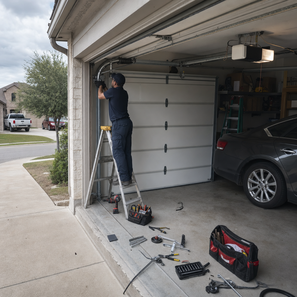 Garage door technician installing garage door parts in Jollyville, TX