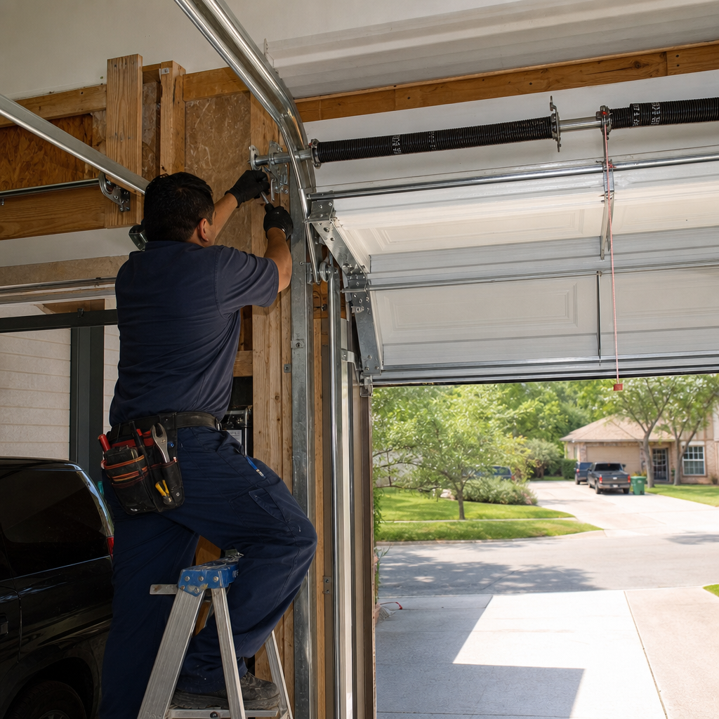 Garage door technician repairing overhead door parts and springs in Austin, TX