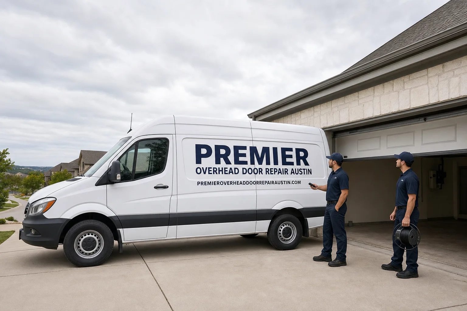 Premier Overhead Door Repair Austin service vehicle and crew in Austin, TX